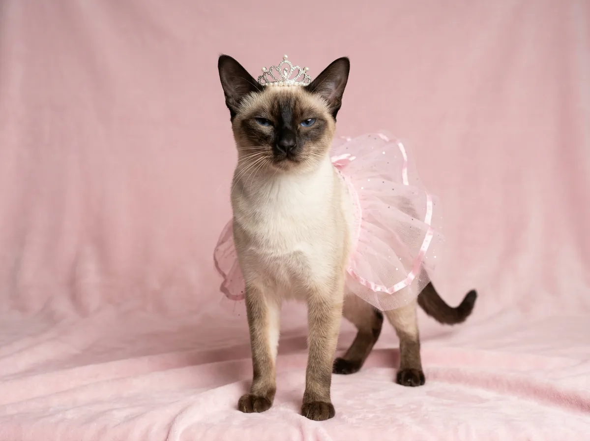 Siamese cat in a pink tutu dress and tiara with a haughty expression