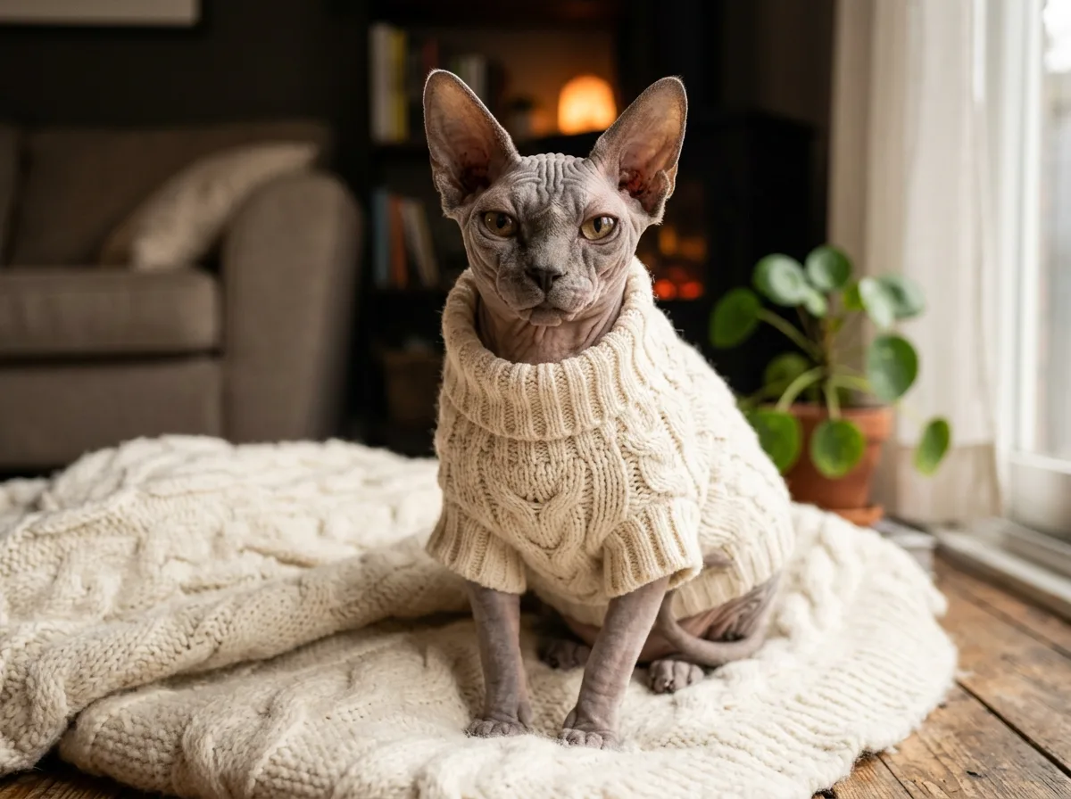 Hairless Sphynx cat in a cream cable-knit turtleneck sweater looking calm