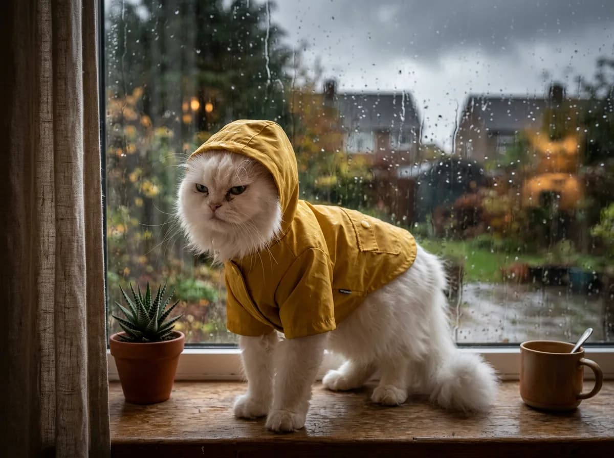 White fluffy cat in a yellow hooded raincoat standing by a rainy window