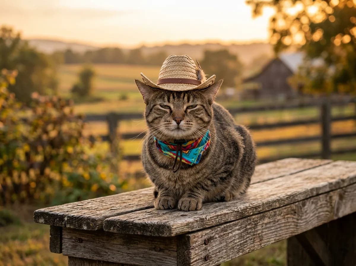 Brown tabby cat in a bandana and tiny straw cowboy hat sitting on a wooden bench