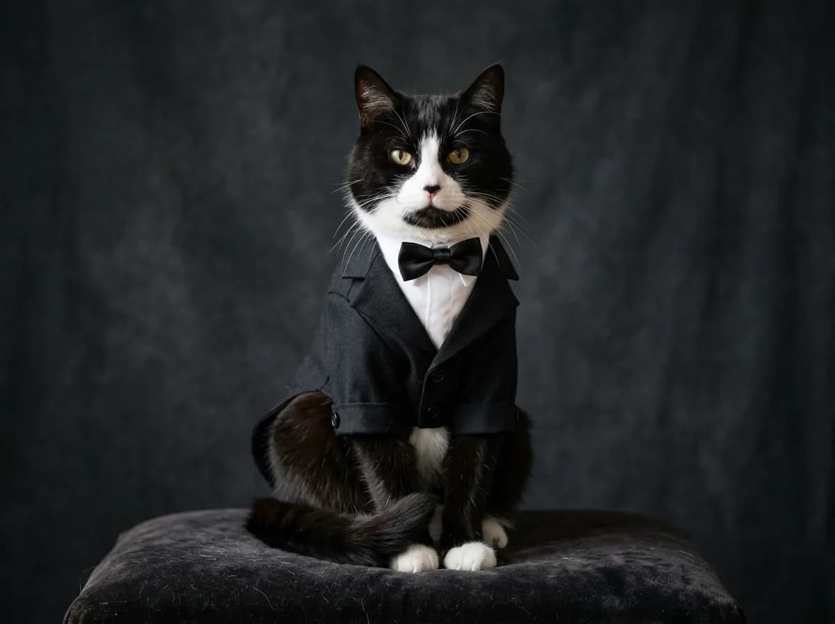Tuxedo cat in a bow tie and tailcoat sitting with a dignified expression