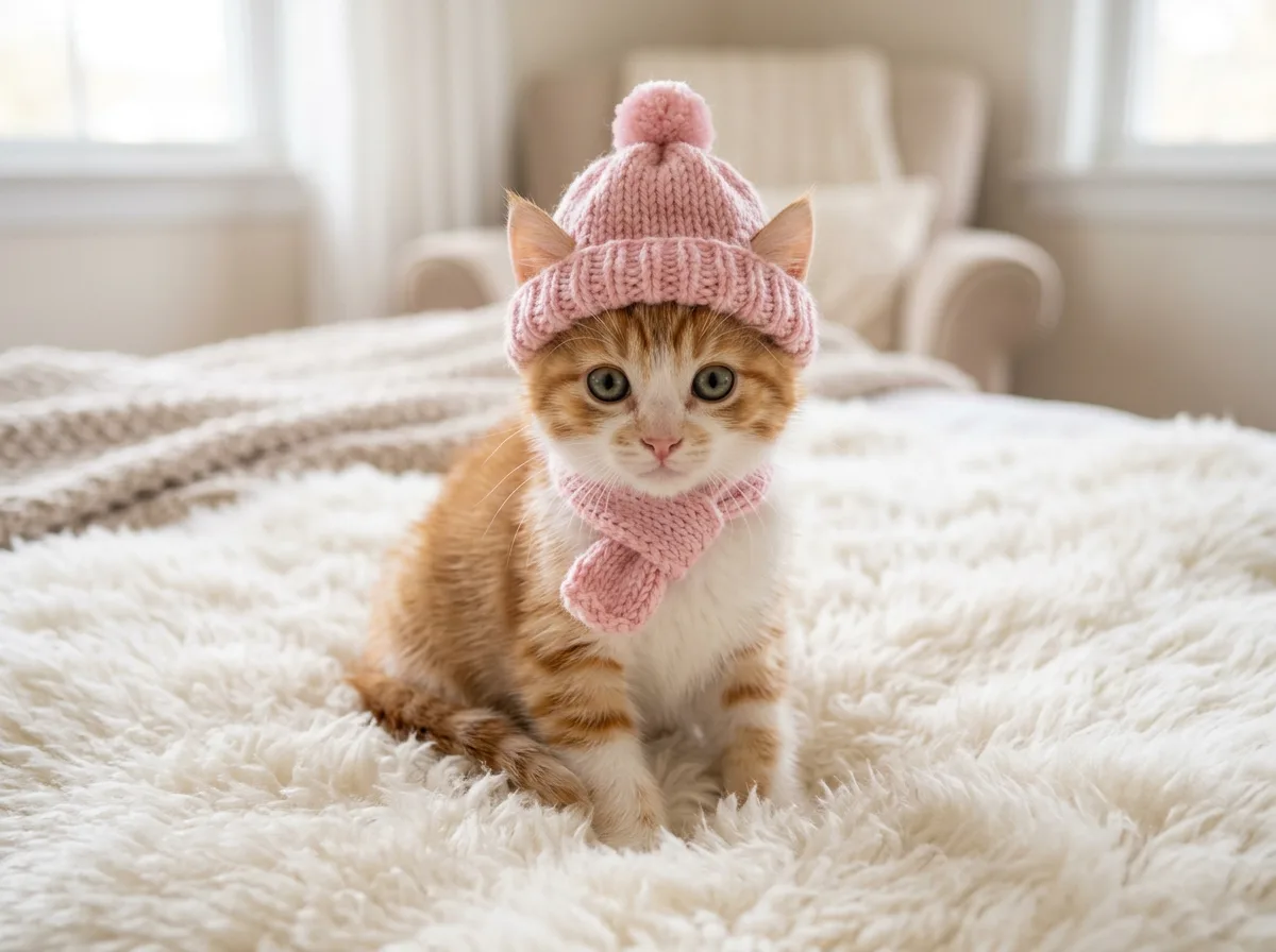 Orange and white kitten in a red knitted Christmas sweater and scarf on a white blanket