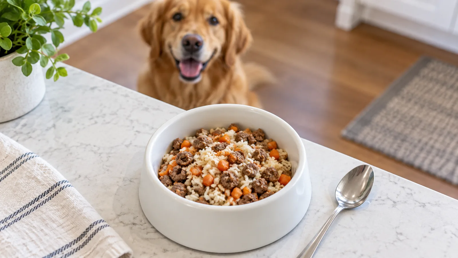 Bowl of representative cooked dog food on a kitchen counter with a golden dog in the background