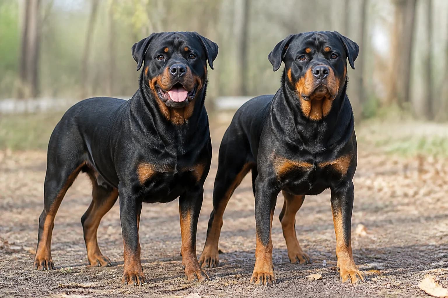 Two adult natural-tailed Rottweilers standing side by side in neutral daylight with realistic within-breed variation and no country symbols