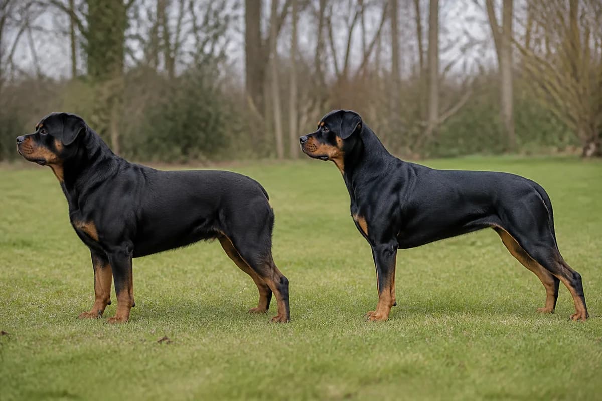Two adult Rottweilers in full side profile on the same level surface, both within normal breed proportions