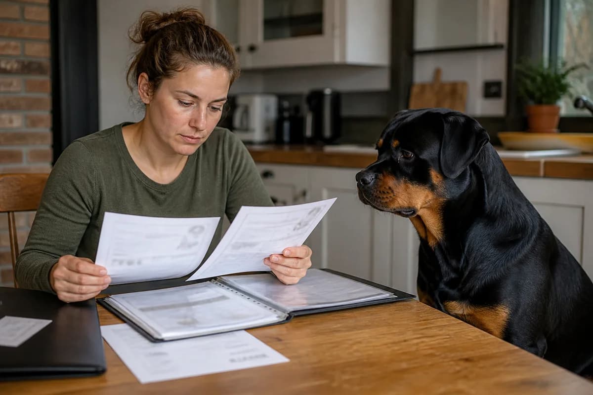 Buyer reviewing pedigree, registration and health records with names and private details obscured