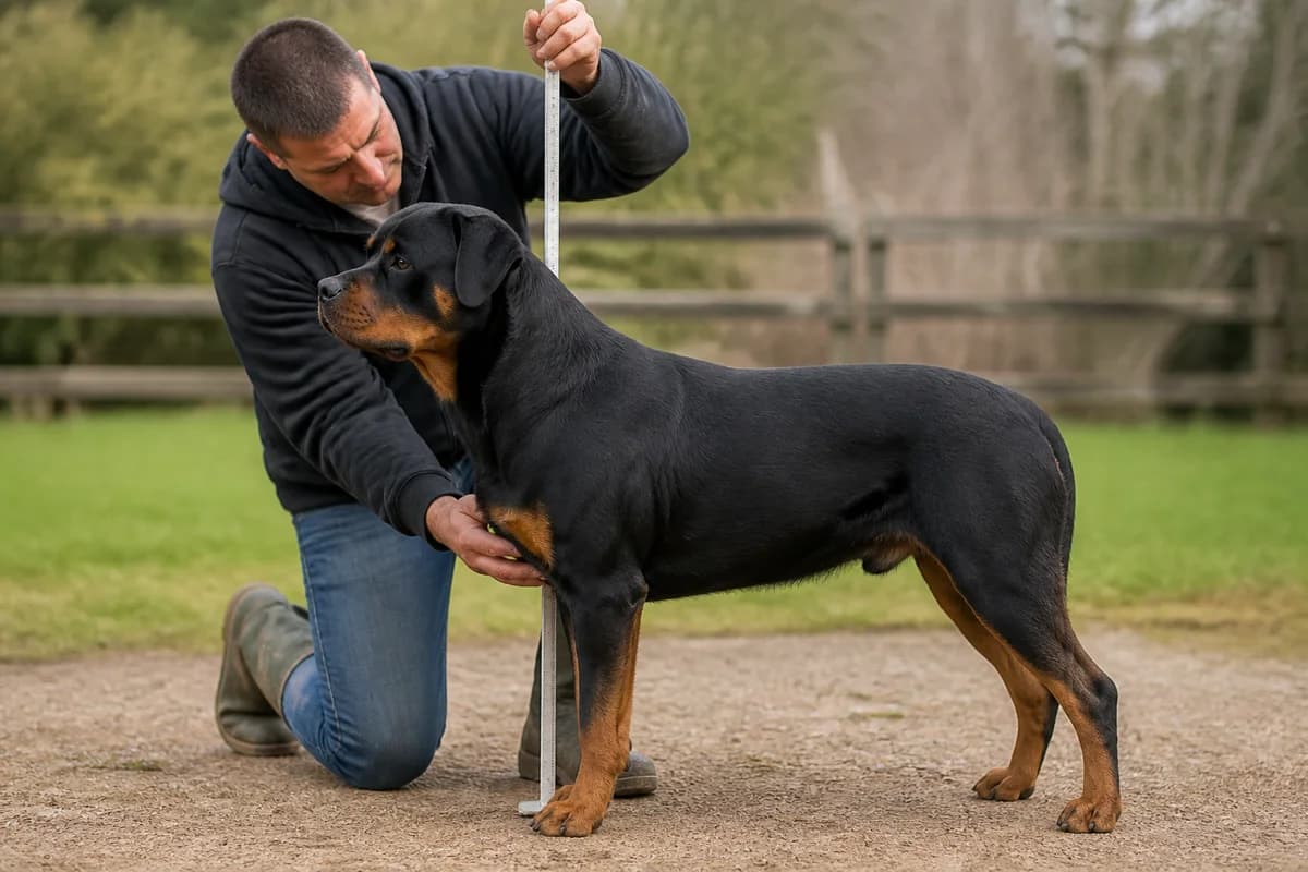 Adult Rottweiler being calmly evaluated for height and body proportions by an experienced handler