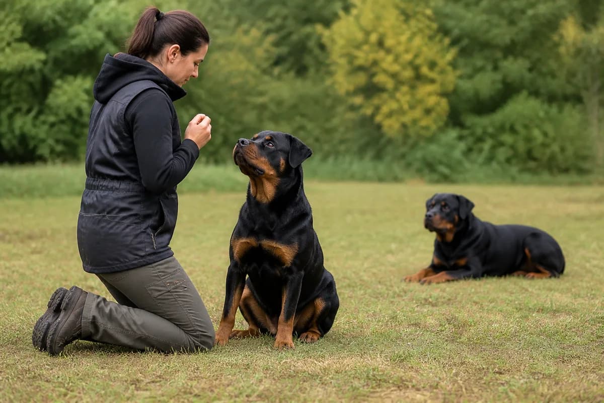 Two Rottweilers taking turns in the same reward-based obedience exercise with one handler