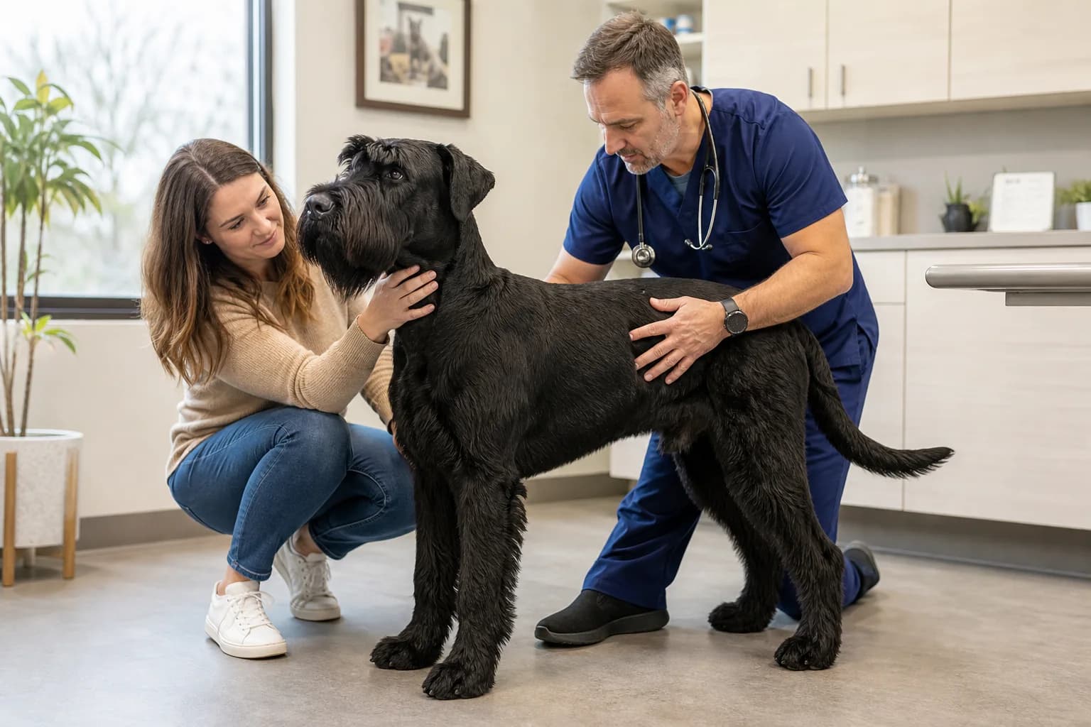 Healthy adult Giant Schnauzer standing calmly during a preventive veterinary examination