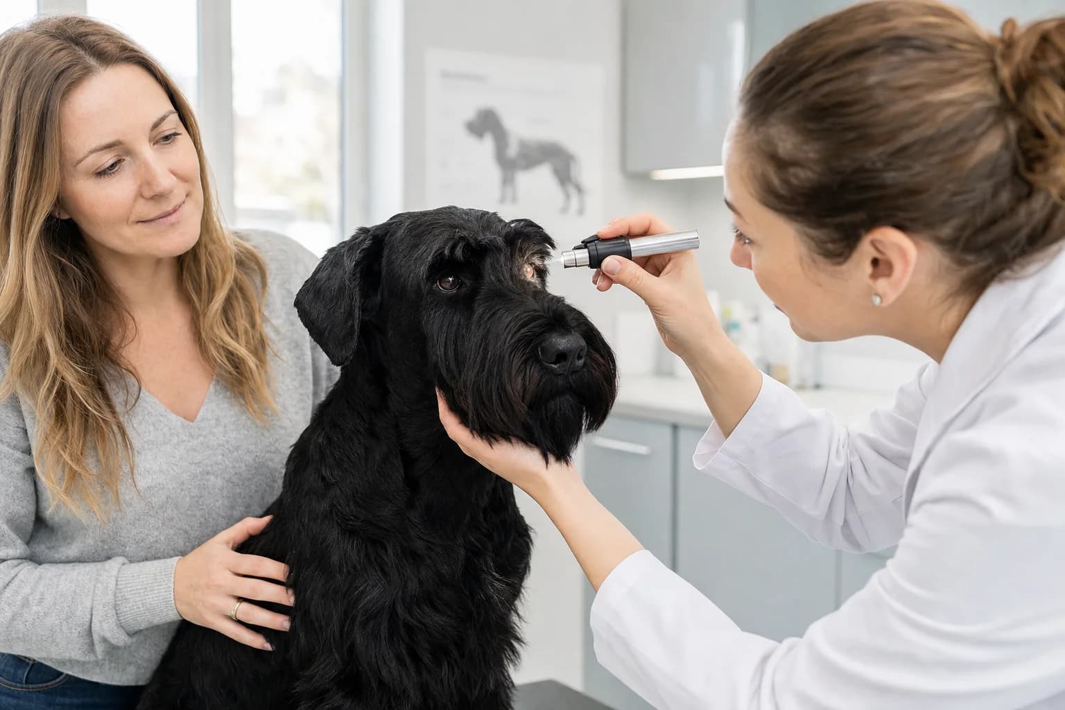 Veterinarian examining a Giant Schnauzer eye with an ophthalmoscope in a darkened room