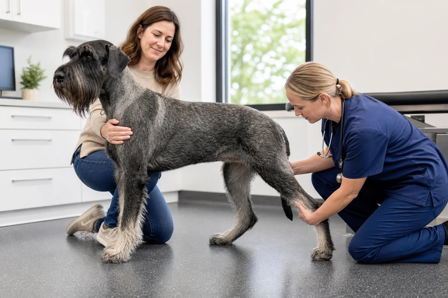 Veterinarian observing Giant Schnauzer gait and performing a gentle orthopedic examination