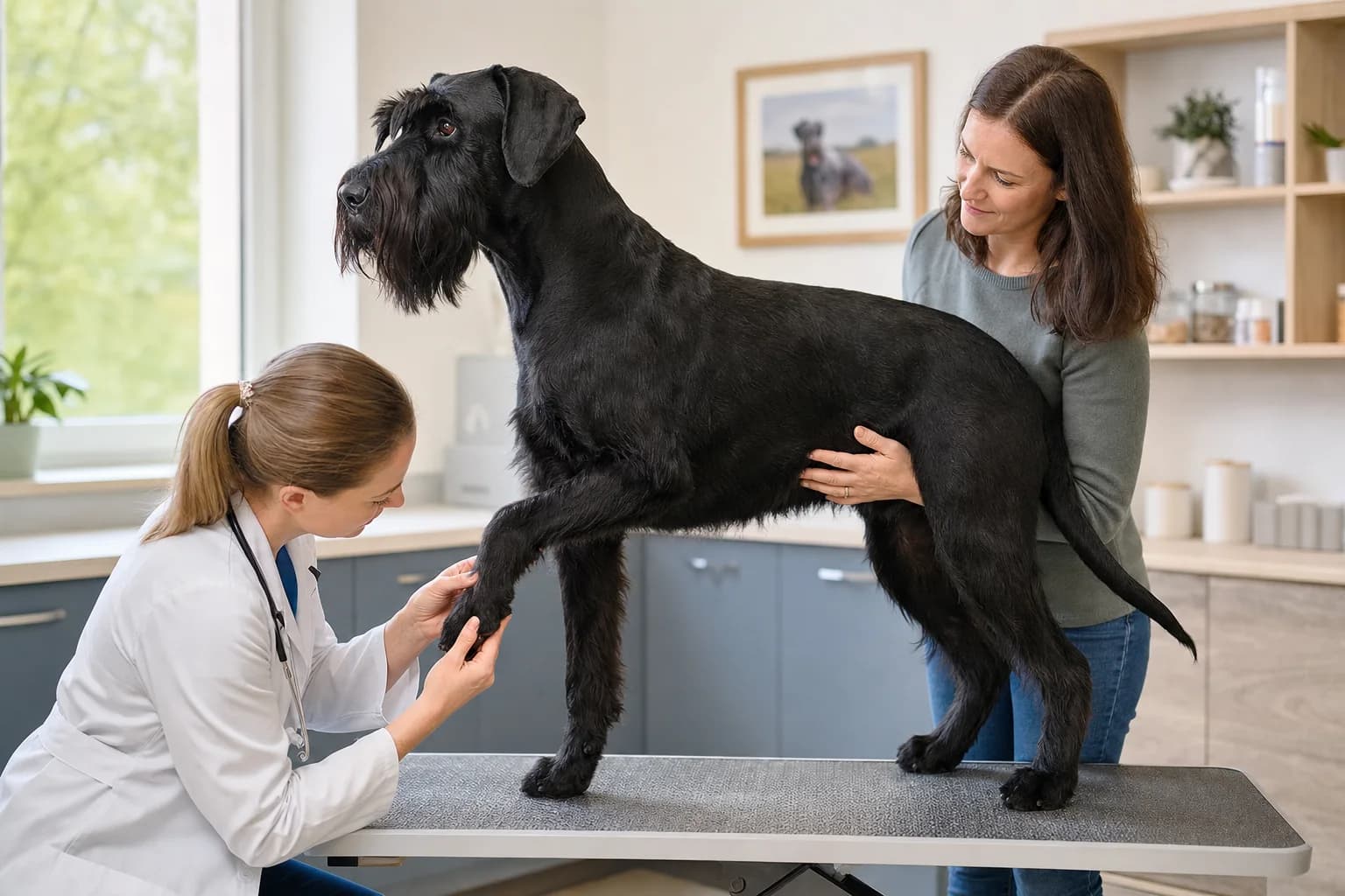 Non-graphic close view of an owner separating Giant Schnauzer toes to inspect nail beds