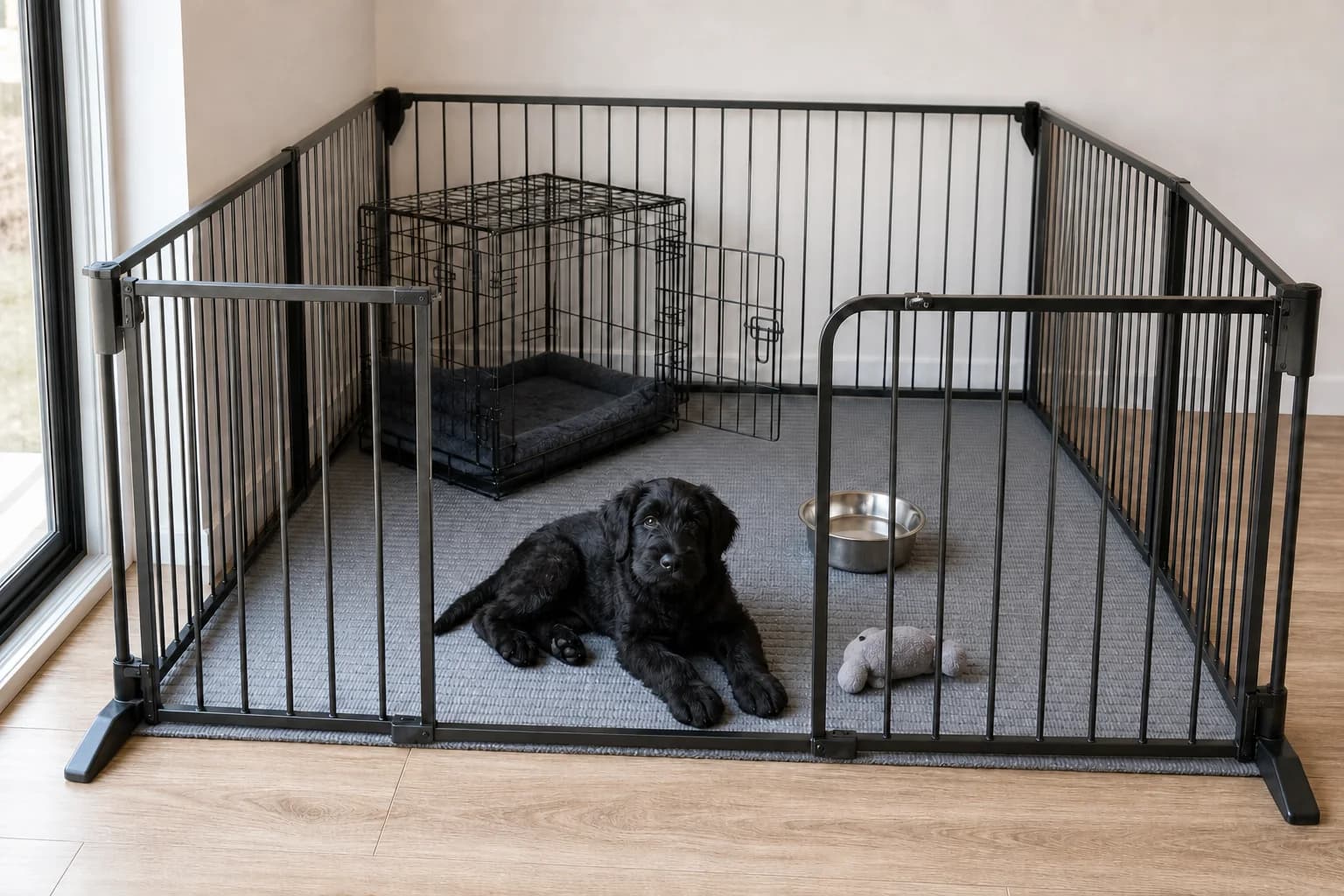 Secure Giant Schnauzer puppy rest area with a sturdy gate and quiet crate space