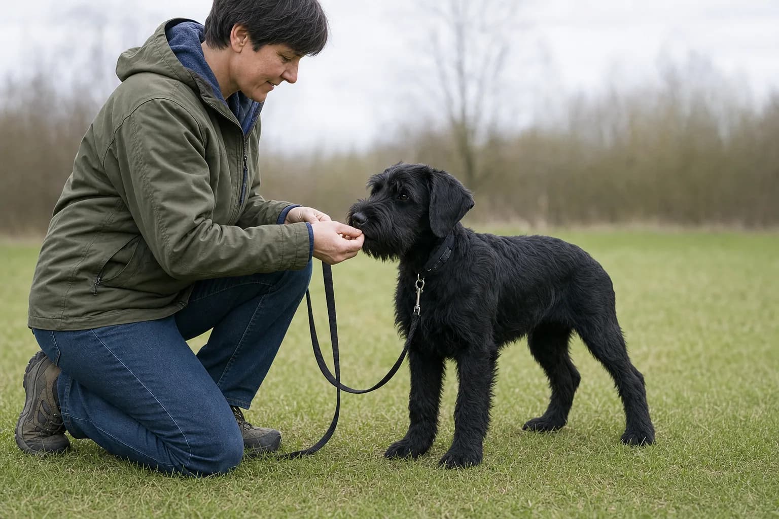 Giant Schnauzer puppy offering attention during a reward-based loose-leash session