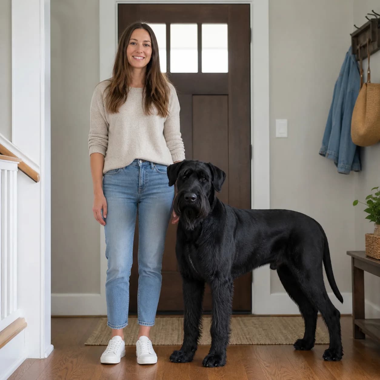 Adult Giant Schnauzer standing beside an average adult person at natural perspective