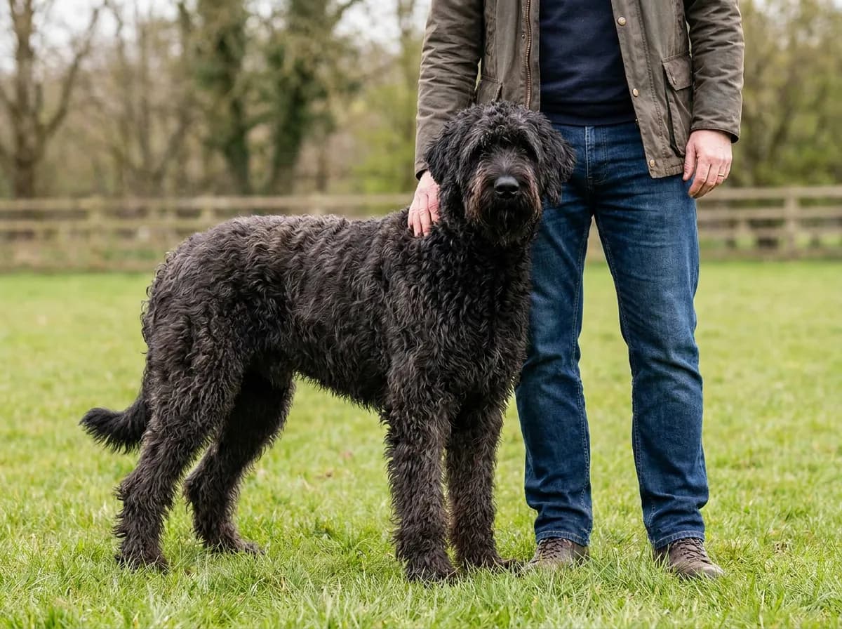 Large black curly-coated dog standing beside an adult on grass.