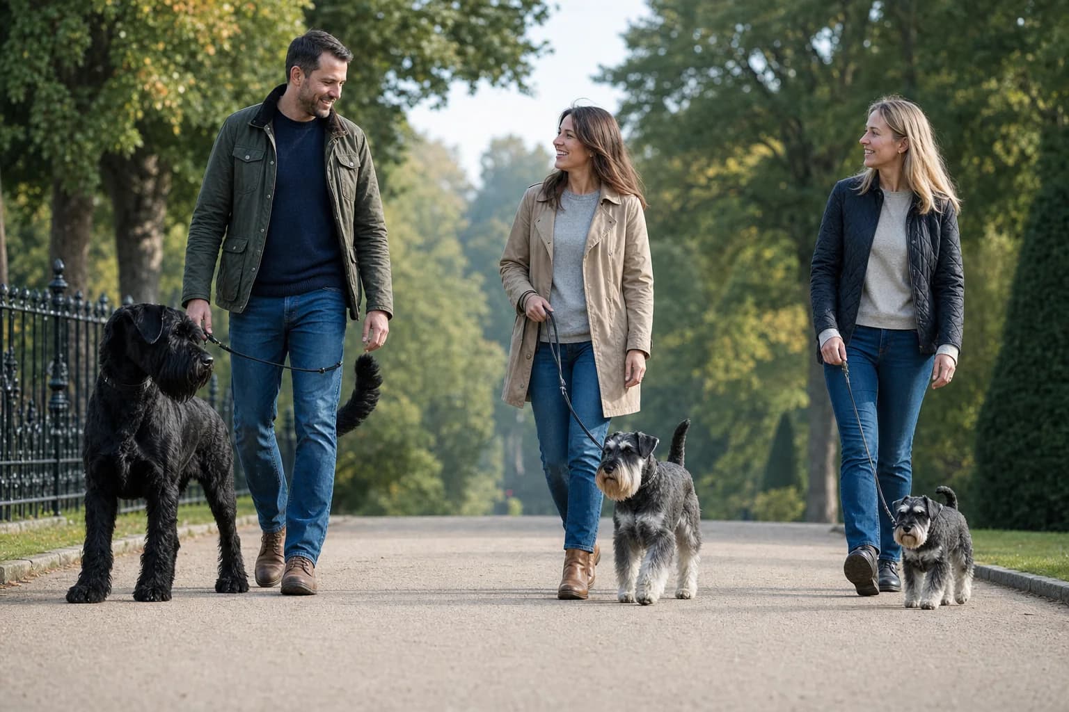 Giant Standard and Miniature Schnauzers walking calmly with separate adult handlers