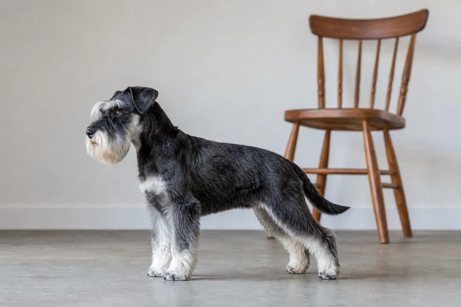 Adult Miniature Schnauzer in full profile showing compact sturdy scale