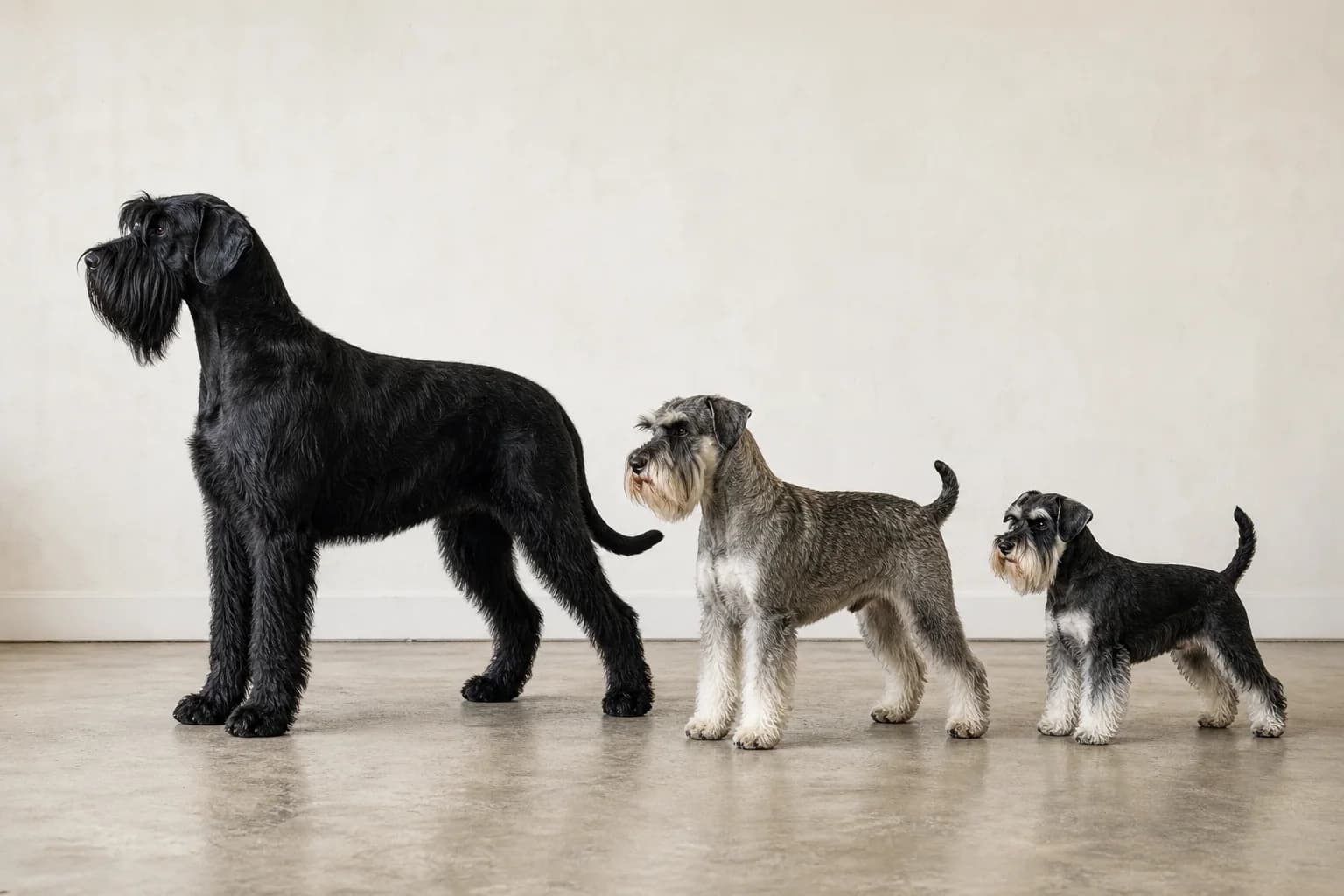 Adult Giant Standard and Miniature Schnauzers standing together at accurate relative scale