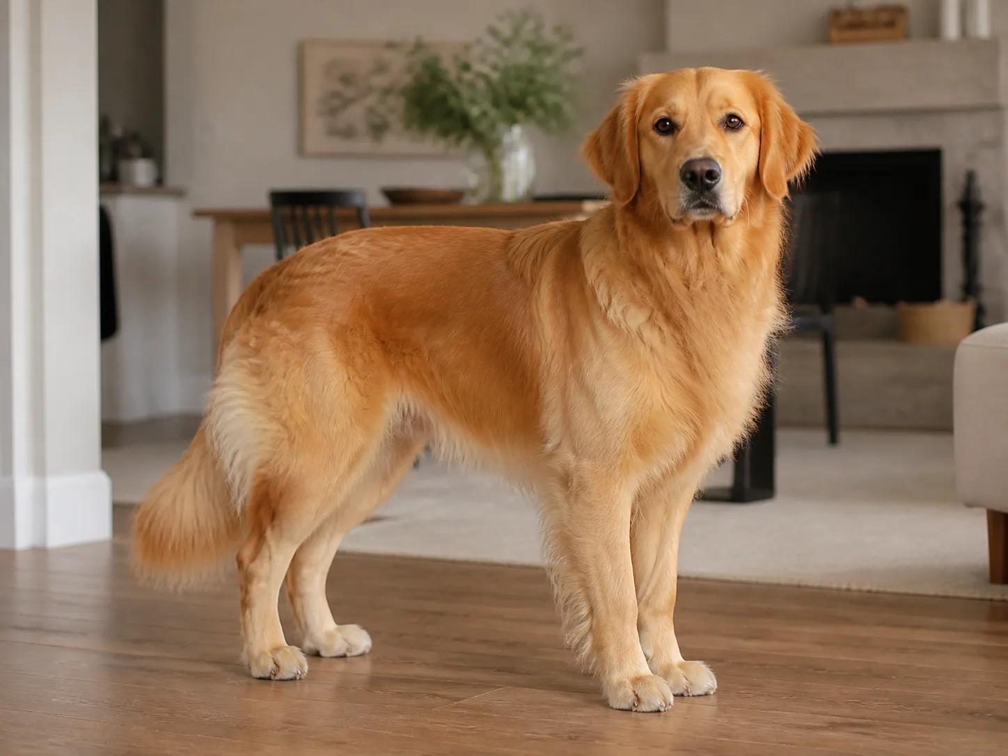 Adult Golden Retriever standing naturally in a bright family home with correct athletic proportions and feathered golden coat