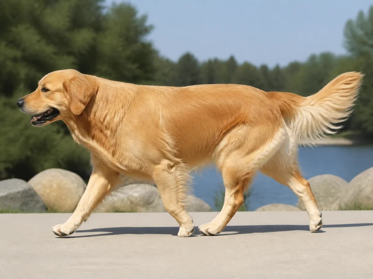 Side-profile adult Golden Retriever walking naturally with full body proportions visible