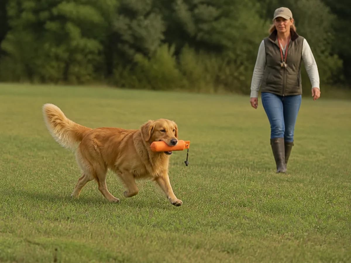 Fit adult Golden Retriever retrieving a bumper beside a handler in an open field