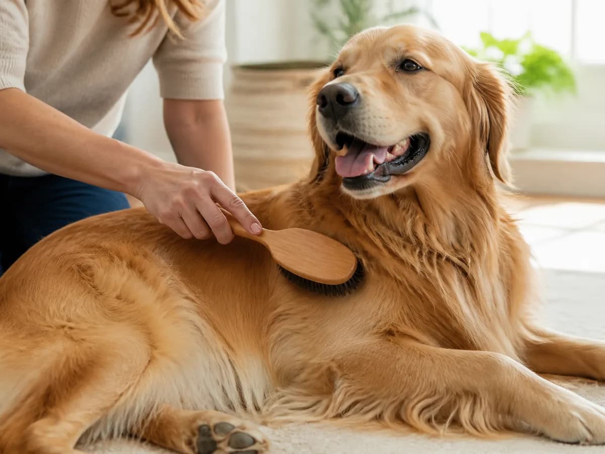 Owner gently brushing the feathering on a relaxed Golden Retriever