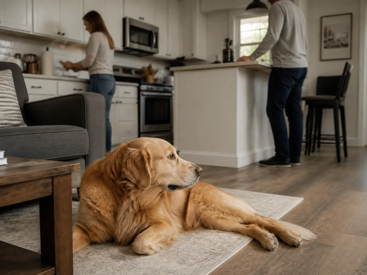 Golden Retriever resting near family activity in a lived-in home