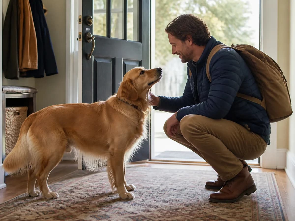 Golden Retriever calmly greeting an adult family member without staged hugging