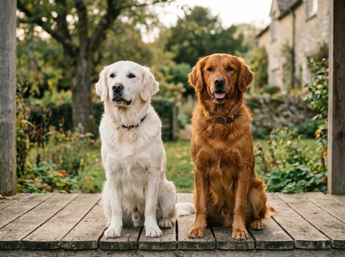 two golden retrievers of clearly different shades, one cream and one dark gold, sitting together to show both are the same breed