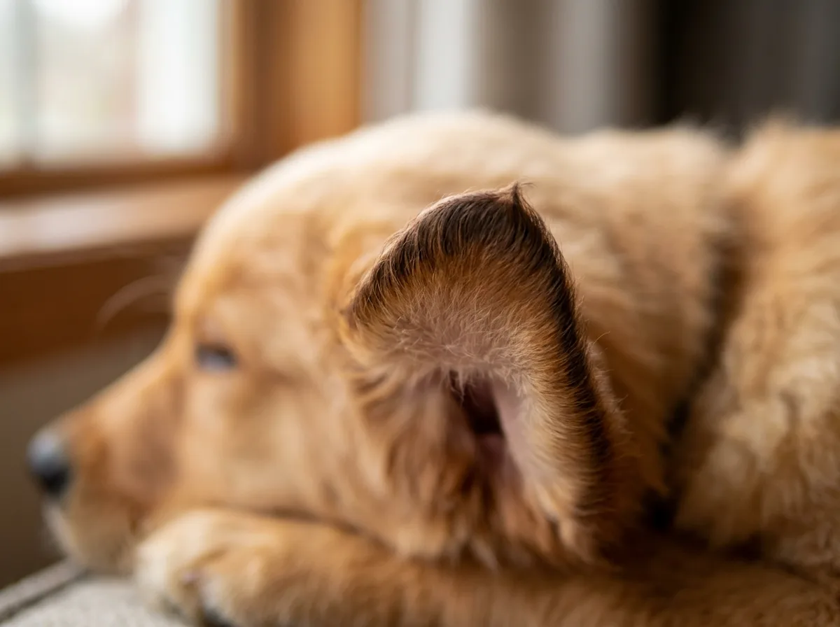 macro shot of a golden retriever ear tip showing darker fur along the edge, illustrating the ear-tip color-prediction trick
