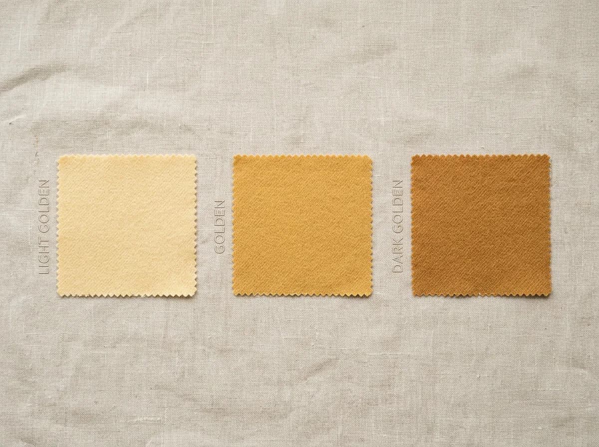 an infographic-style flat lay of three coat-color swatches labeled light golden, golden, and dark golden against a neutral background