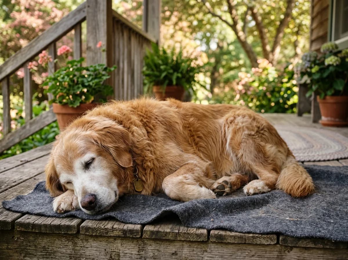 an elderly golden retriever with a white sugar-face muzzle resting on a porch, showing age-related graying rather than a coat color change