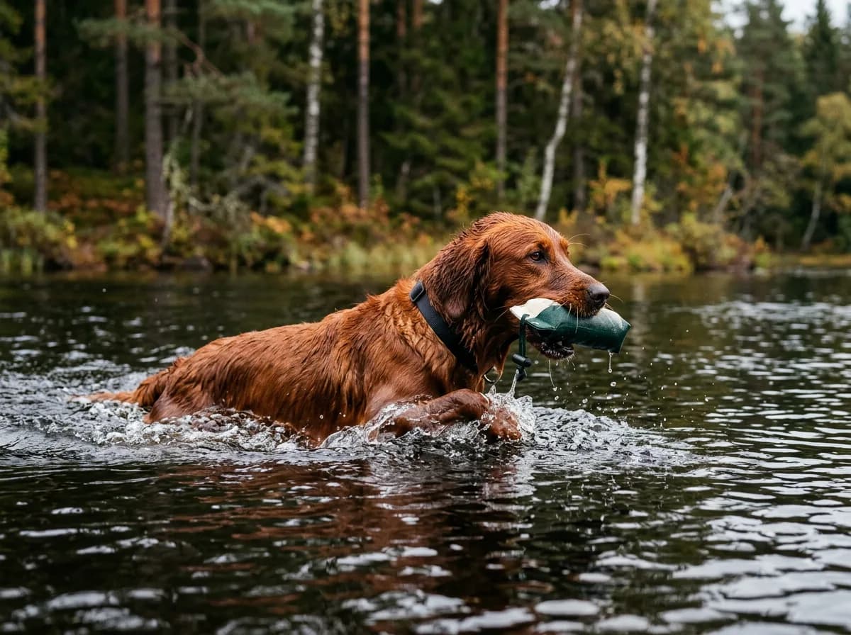 a dark field-bred golden retriever mid-swim retrieving in a lake, leaner working build with a rich reddish coat
