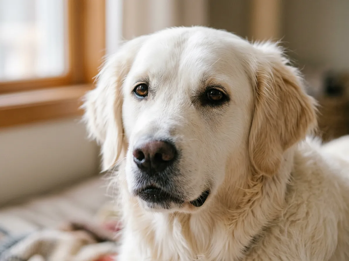 close-up portrait of a pale English cream golden retriever face in soft window light, near-white coat with warm cream feathering around the ears