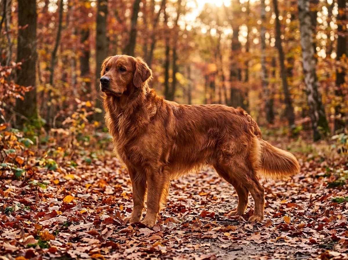 a deep red mahogany golden retriever standing in autumn leaves, coppery coat catching low sun, clearly distinct from an Irish setter by its stockier b