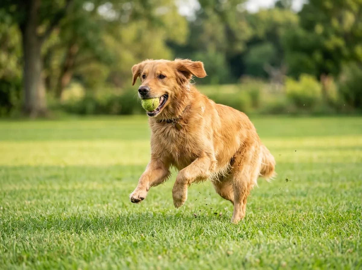 a classic mid-gold golden retriever running across a green lawn with a tennis ball, the storybook standard shade