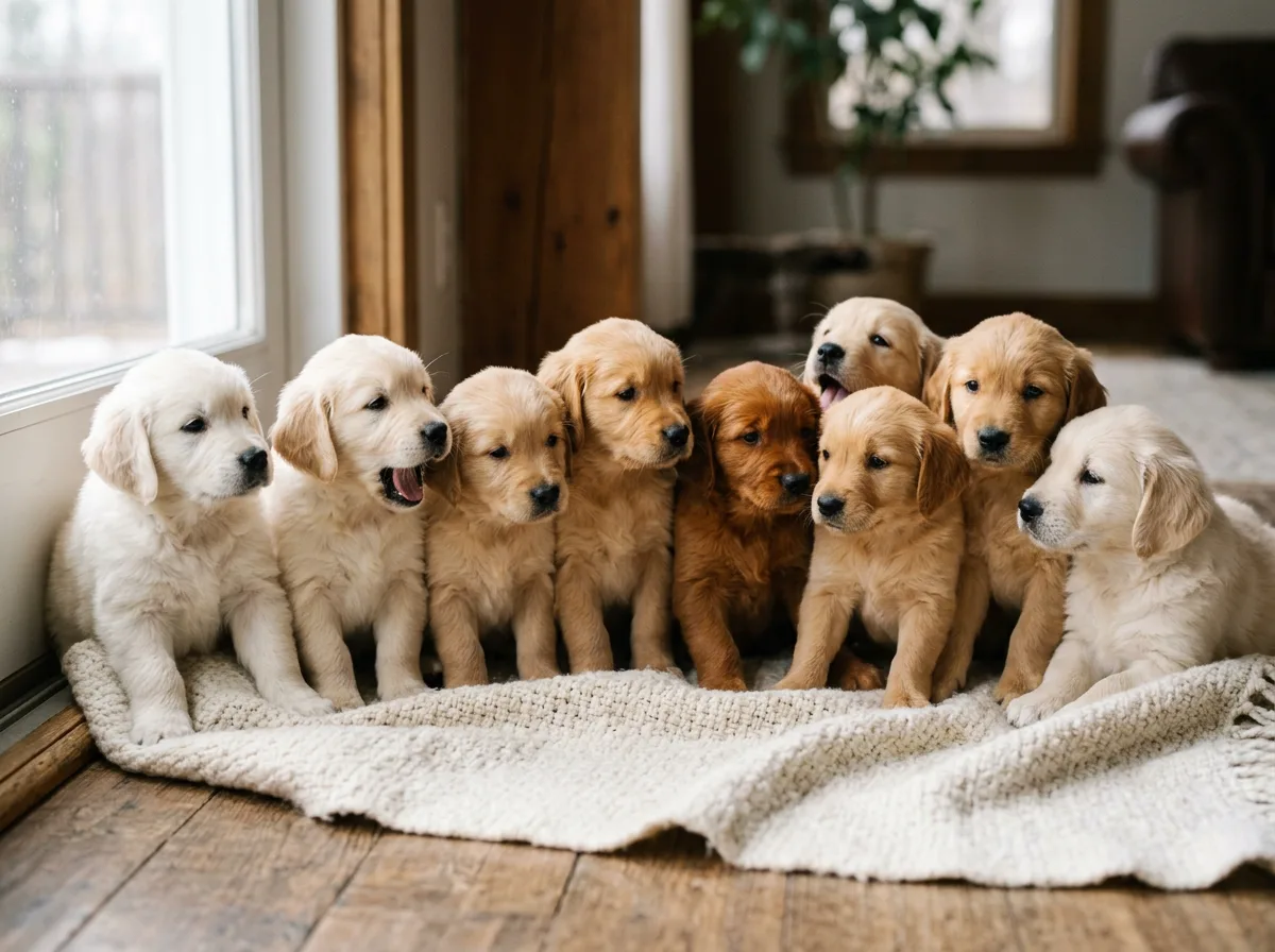 a golden retriever litter of eight puppies on a blanket ranging from pale cream to darker gold, showing how littermates vary in shade
