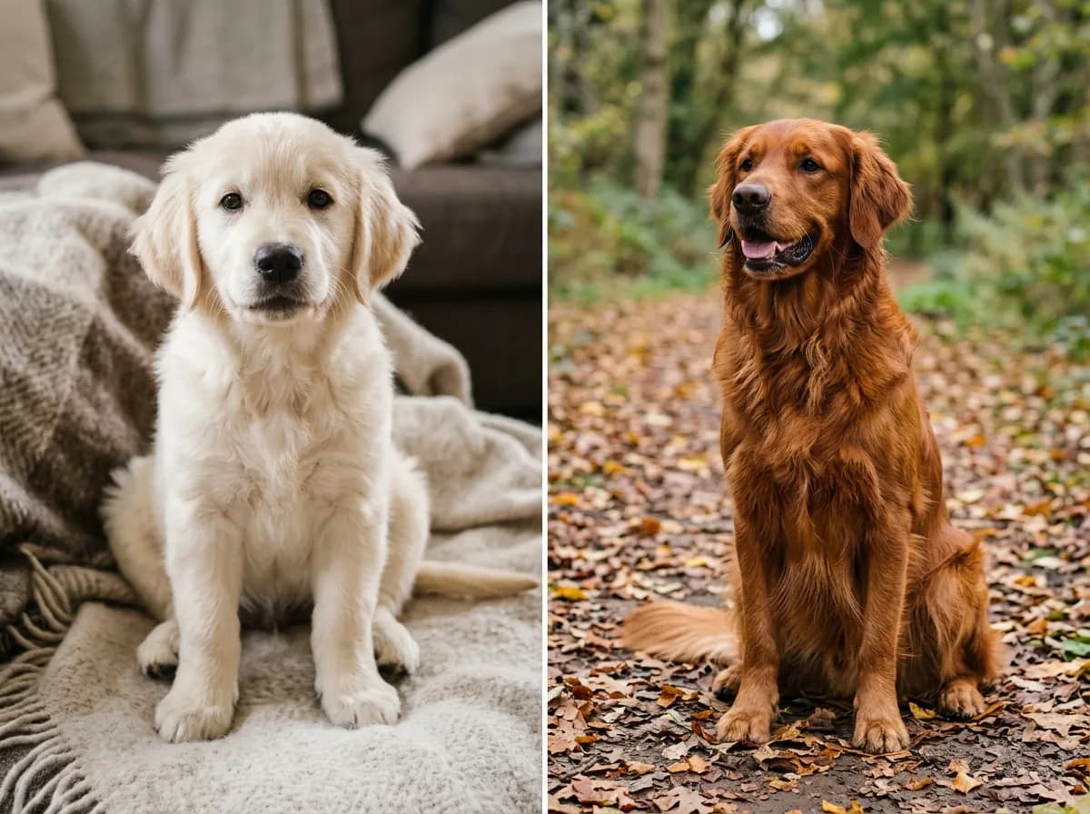 side-by-side comparison of a young pale golden puppy and the same dog as a darker adult, illustrating how the coat deepens with age