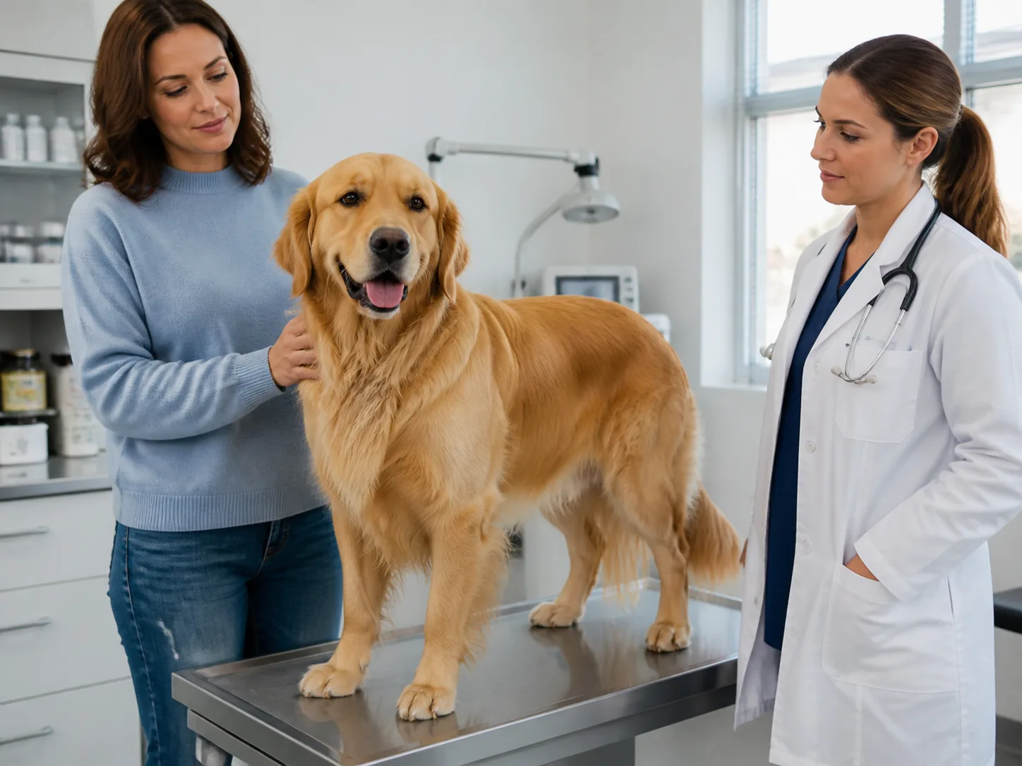 Adult Golden Retriever calmly standing on a veterinary exam table with owner present