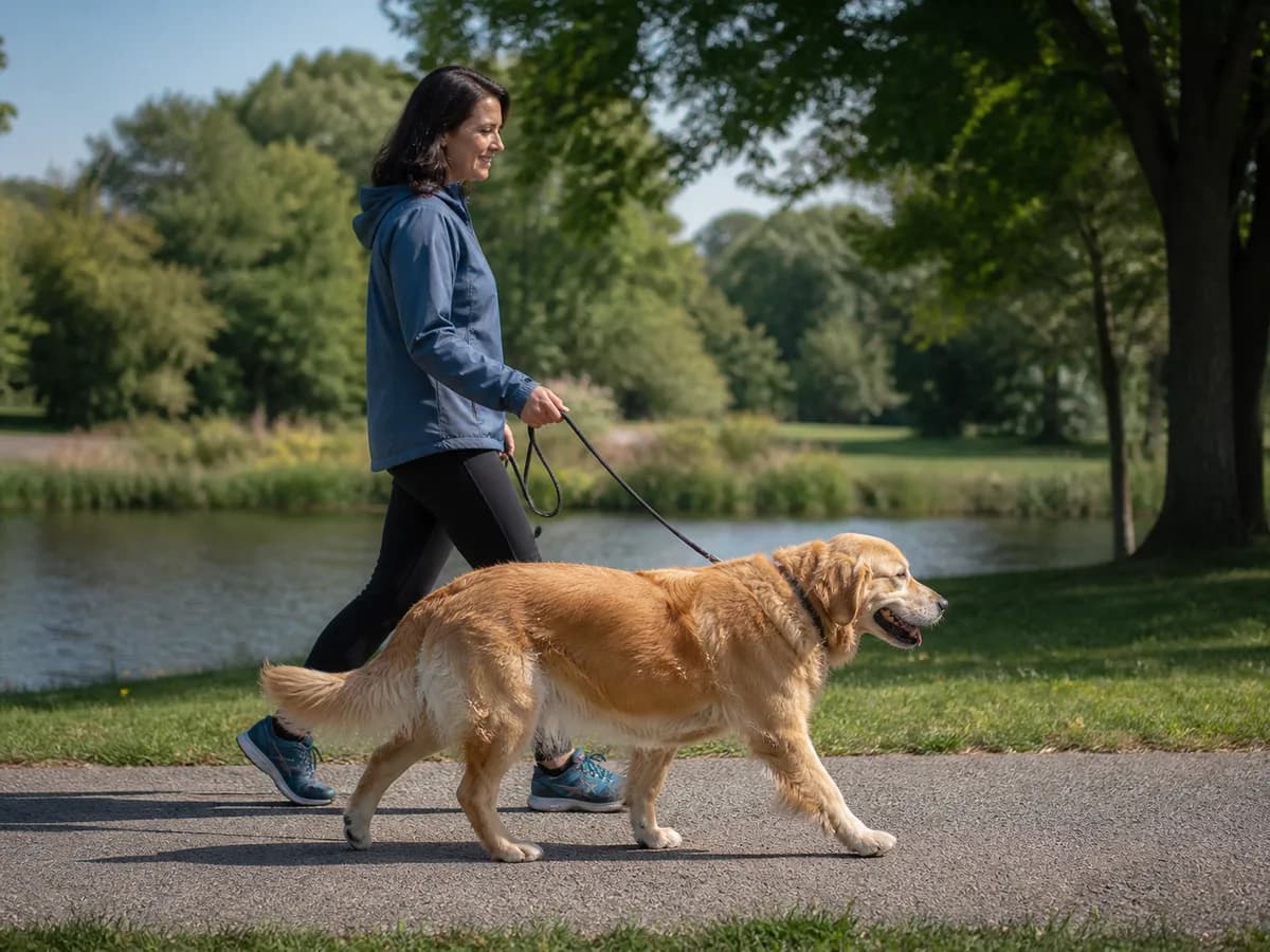 Mature Golden Retriever walking comfortably on level ground beside an owner