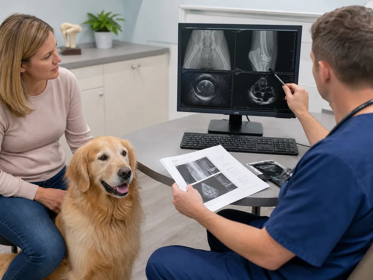 Veterinarian and owner reviewing hip, elbow, eye and heart screening records with private details obscured