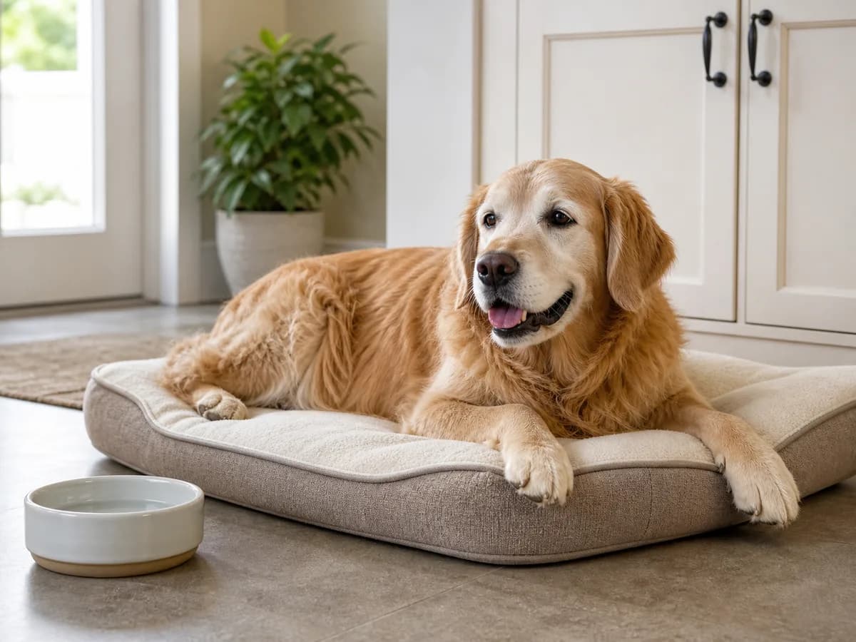 Senior Golden Retriever resting on a supportive bed near accessible water
