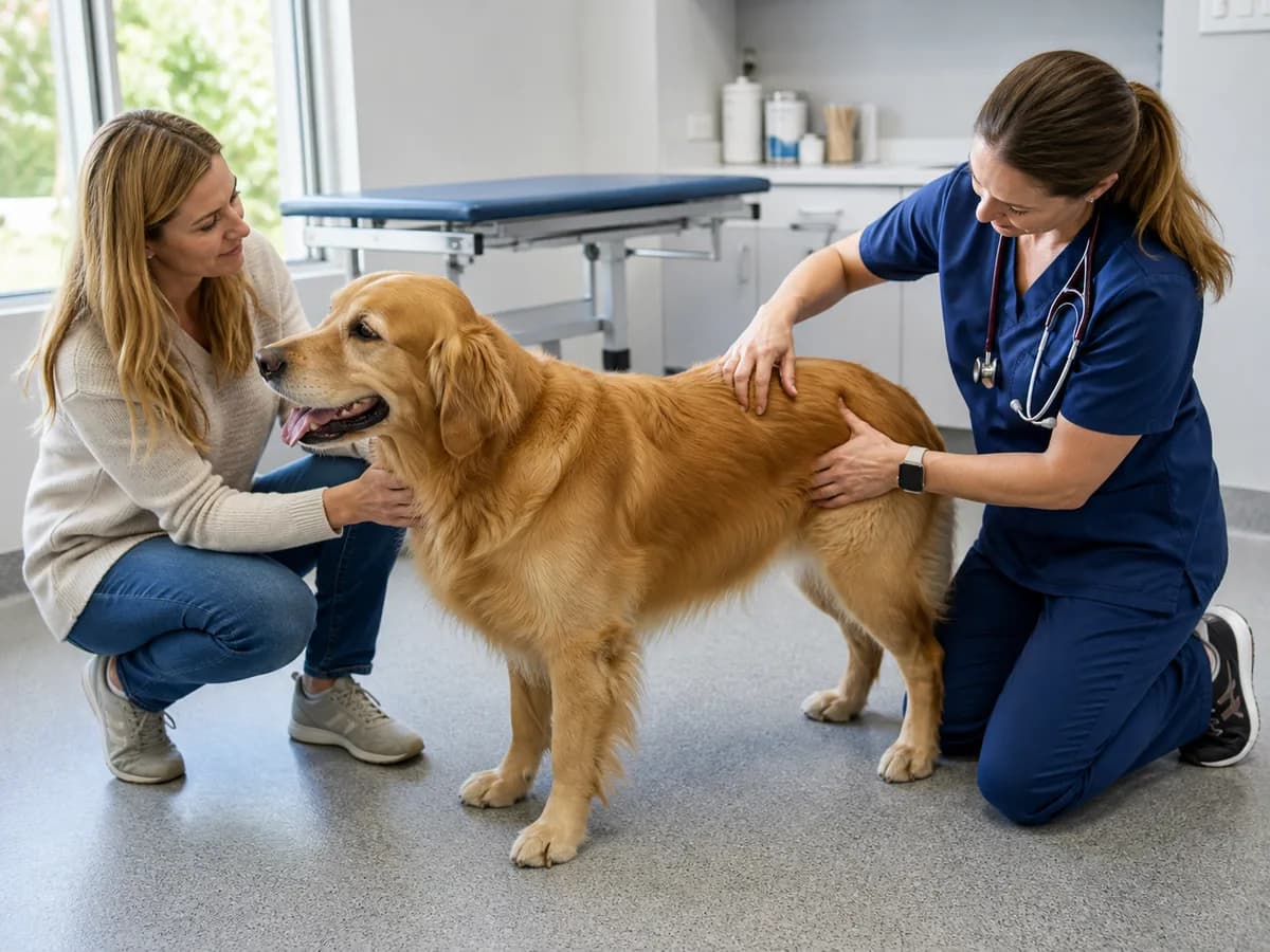 Veterinarian assessing a Golden Retriever body condition from the side and above