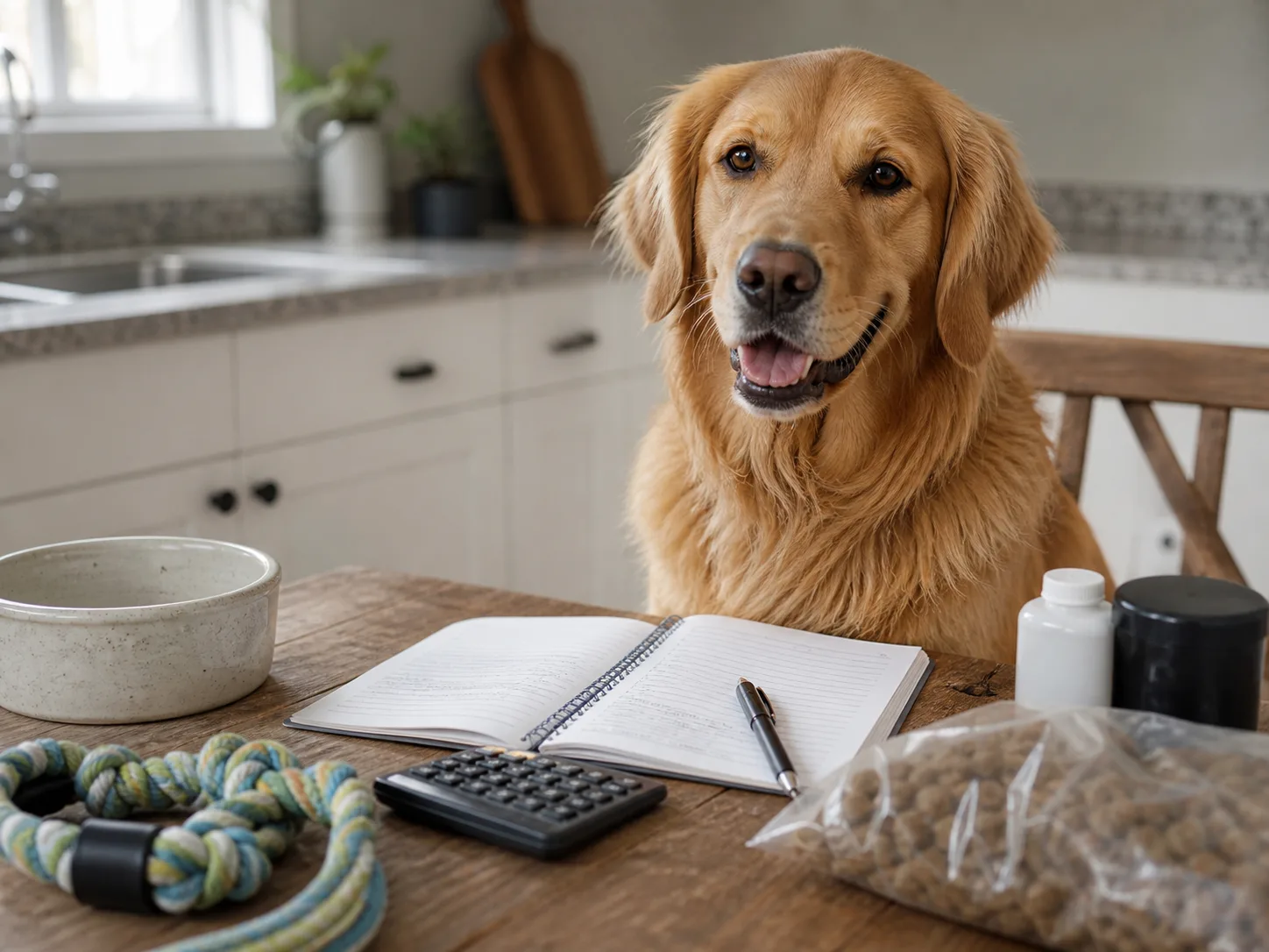 Adult Golden Retriever beside a household budget notebook and everyday dog supplies without visible brand logos