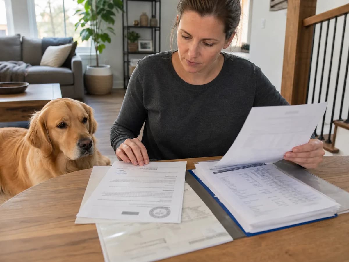 Buyer comparing a contract, health records and itemized costs with private details obscured