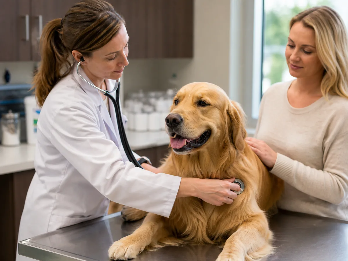 Adult Golden Retriever during a routine veterinary wellness visit with owner present