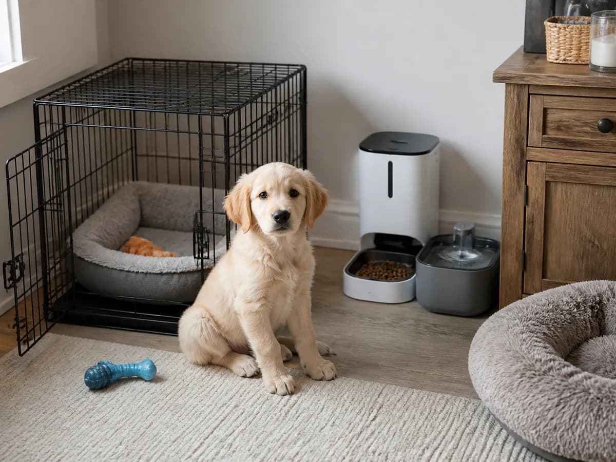 Golden Retriever puppy near a realistic first-week setup of crate, bed, feeder and water station