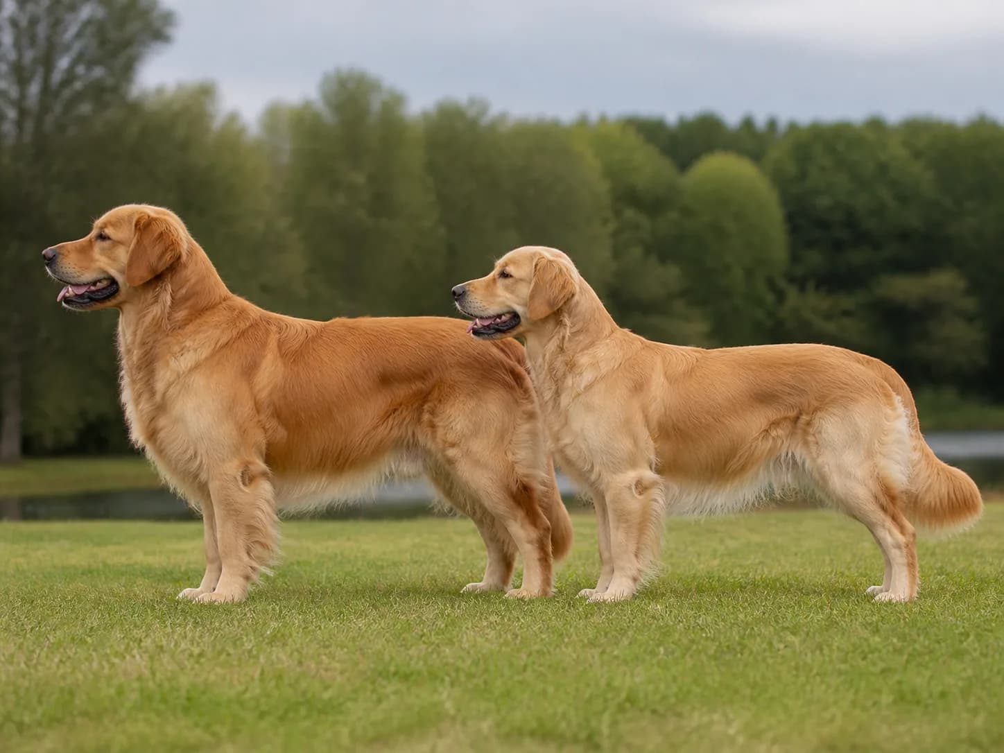 Adult male and female Golden Retrievers standing side by side in natural profile with correct proportions