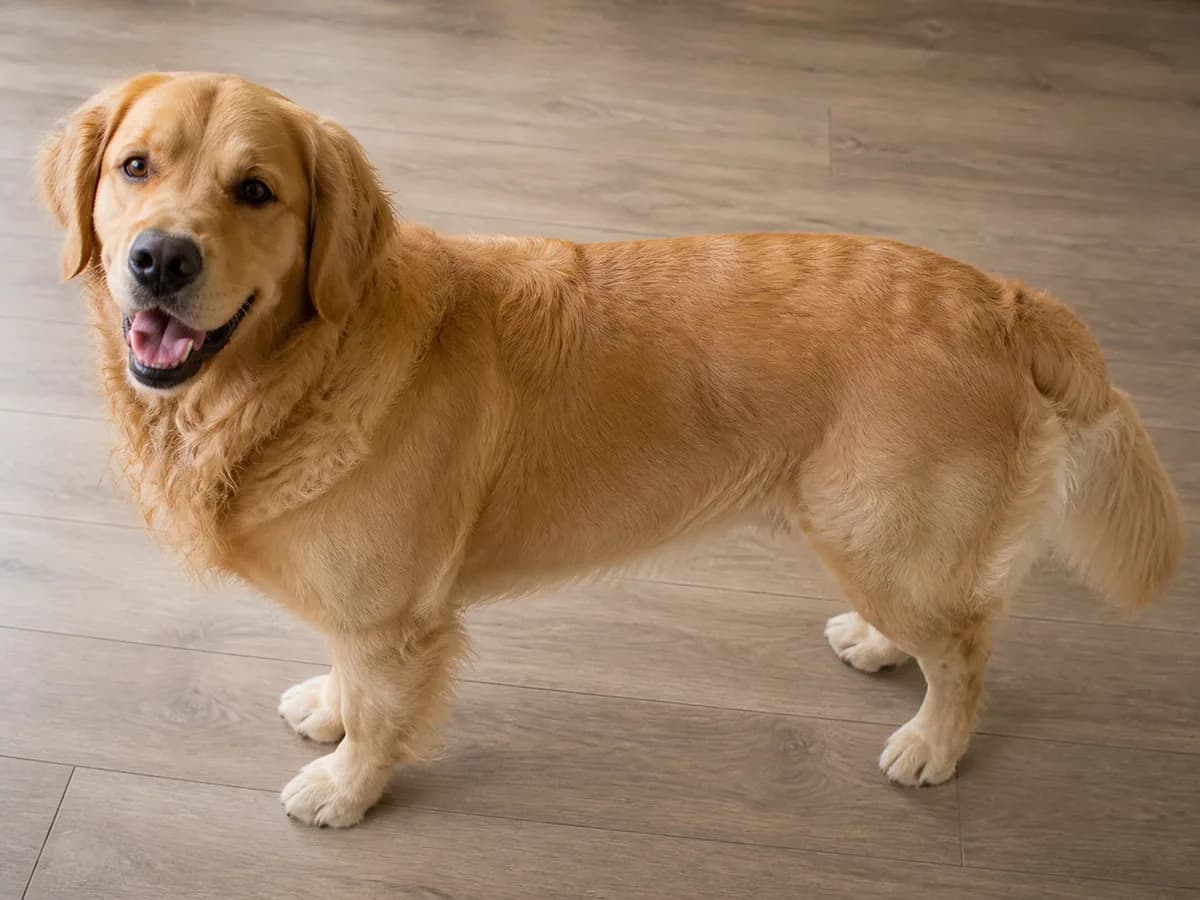 Fit adult Golden Retriever viewed naturally from side and above to show waist and rib area